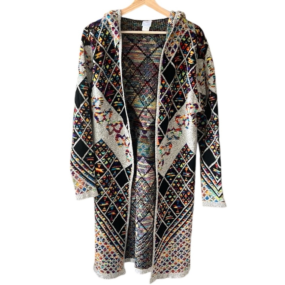 Northern Angel Sz L Long Line Open Front Duster Cardigan Aztec Rainbow Geometric